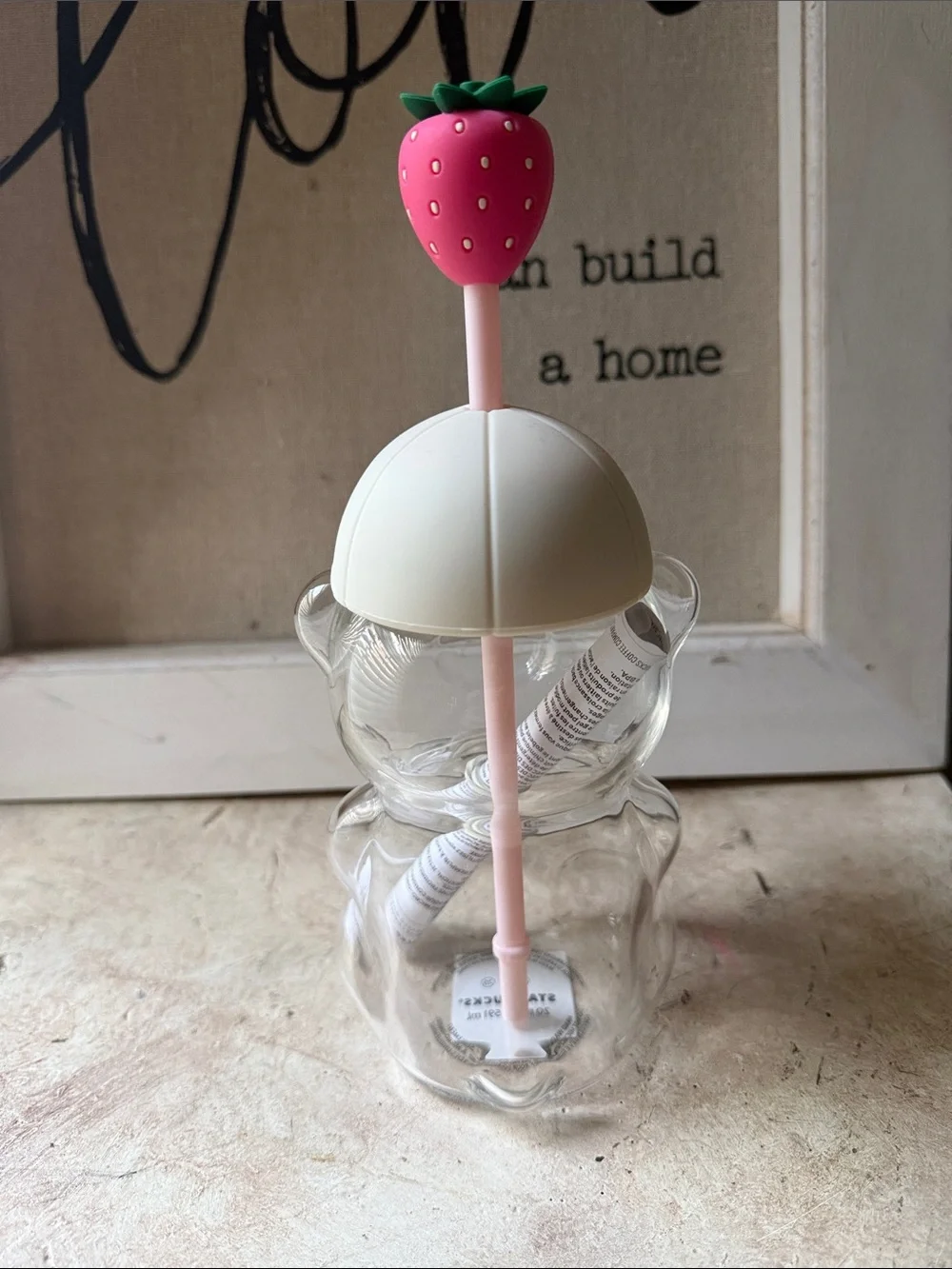 Starbucks Clear Bear Cup with Pink Hat and Pink Strawberry Top